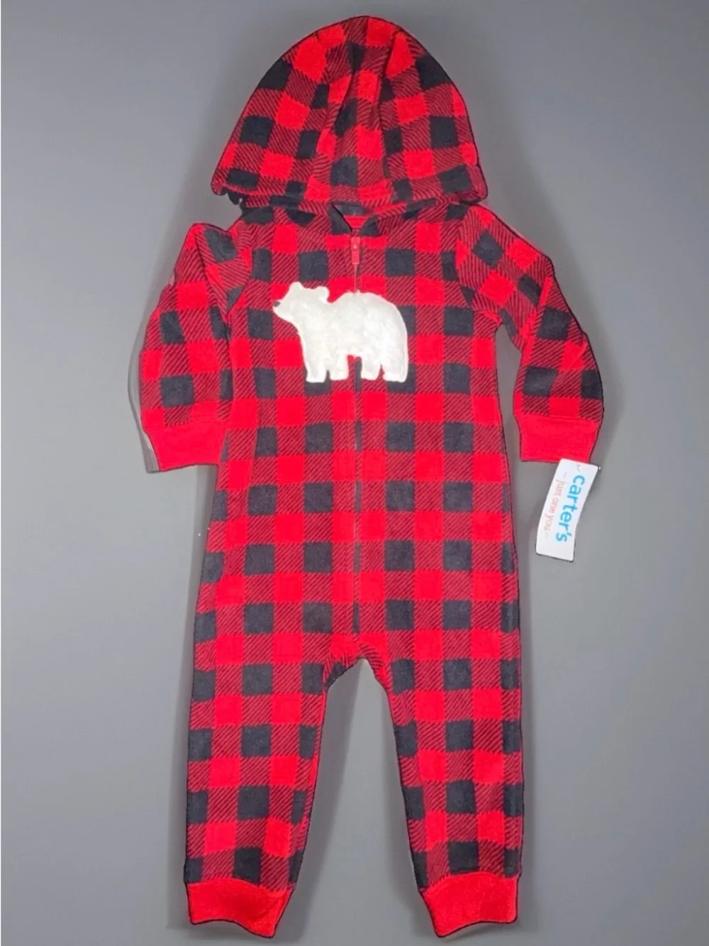 Carter's Just One You Boys Red Black Fleece Polar Bear Sleep & Play Sz 12 Mos
